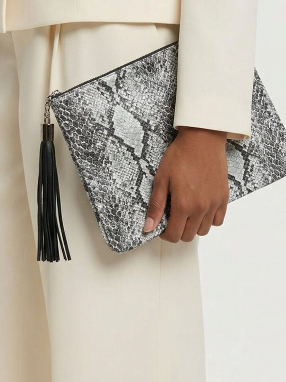 Bergdorf Goodman Snake-Embossed Black & White Clutch with Tassel
